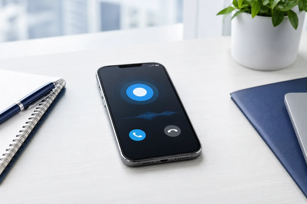 オフィスの机で着信しているスマートフォン