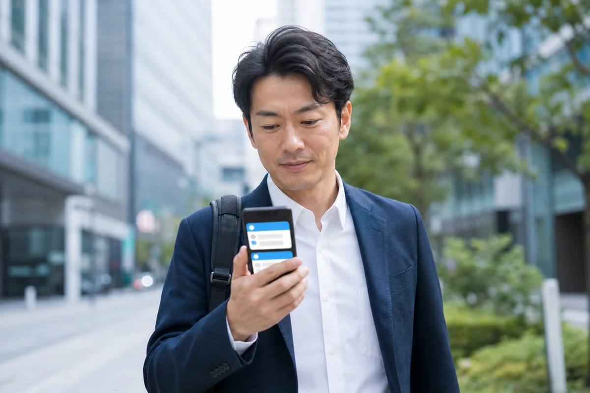 移動中にスマートフォンで通知を確認する担当者