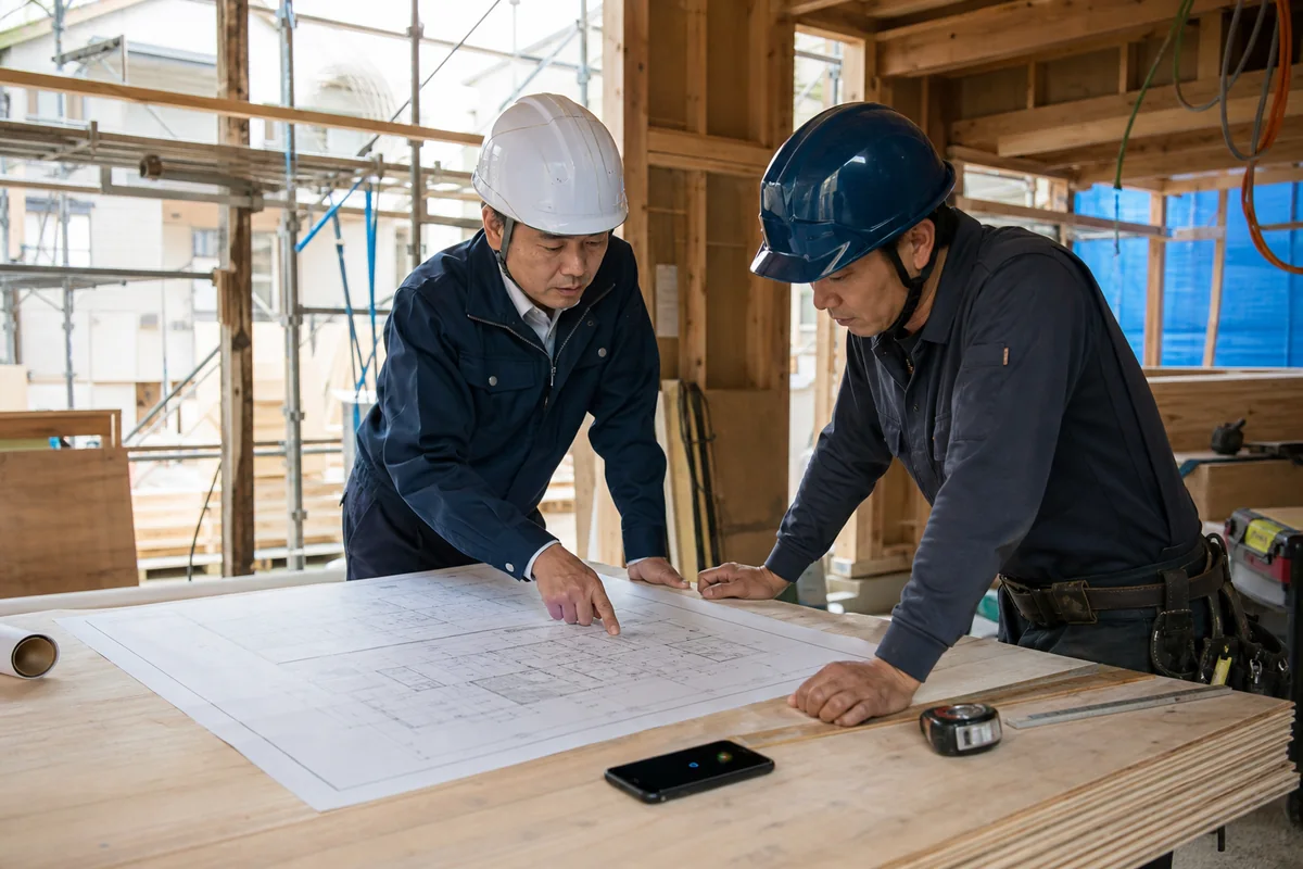 建設現場で図面を確認している担当者の様子