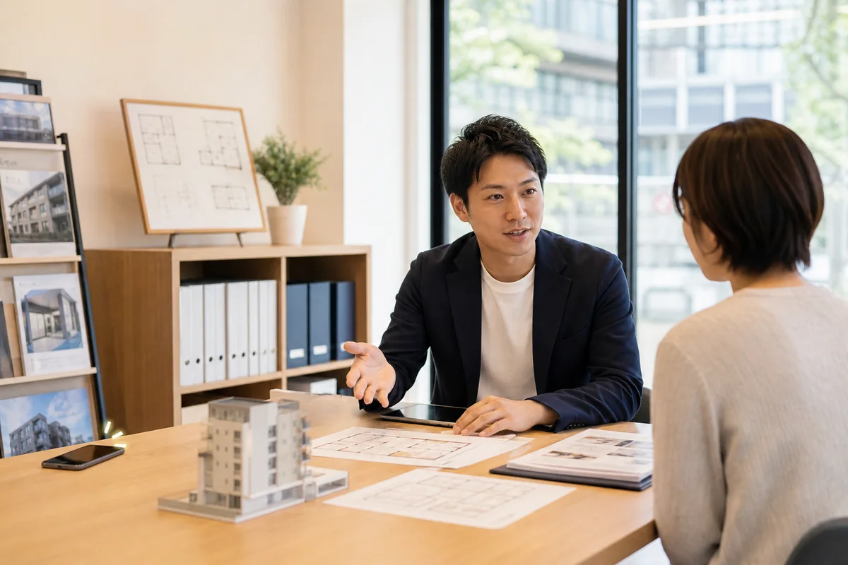 不動産会社でお客様へ物件を案内している様子