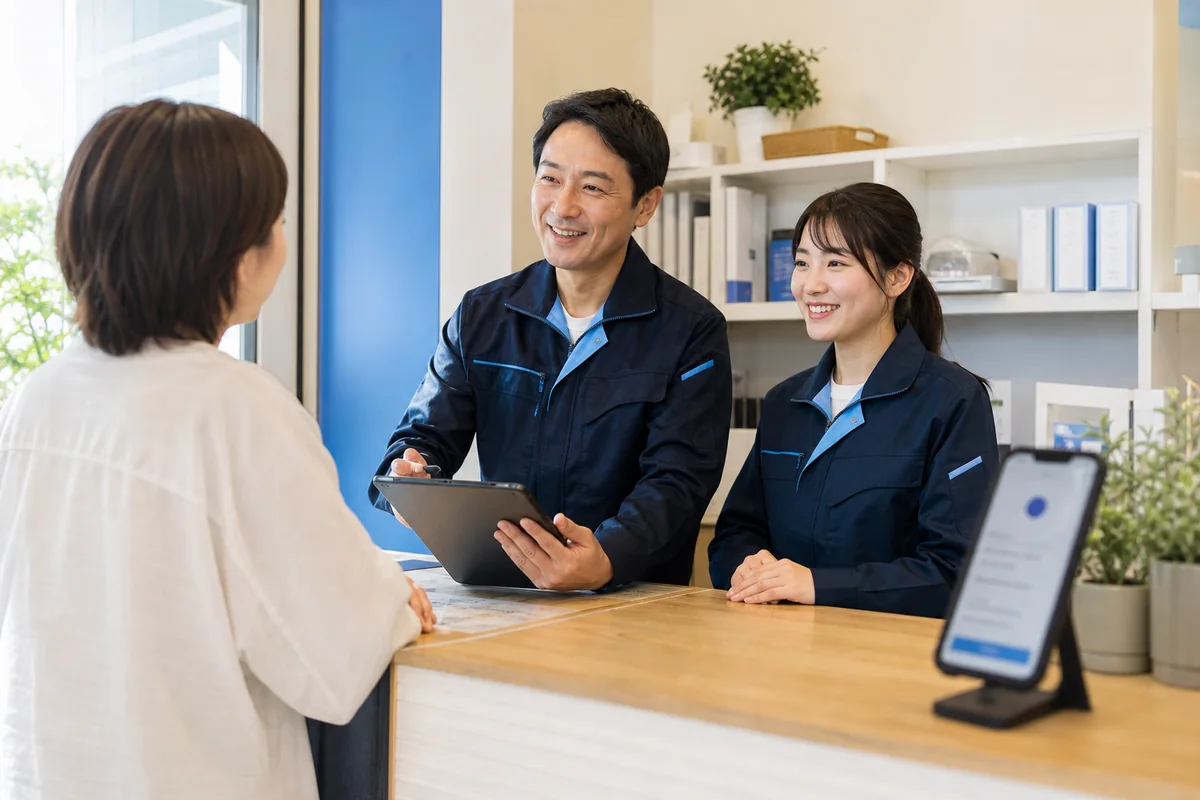 店舗のカウンターでお客様を接客しているスタッフの様子