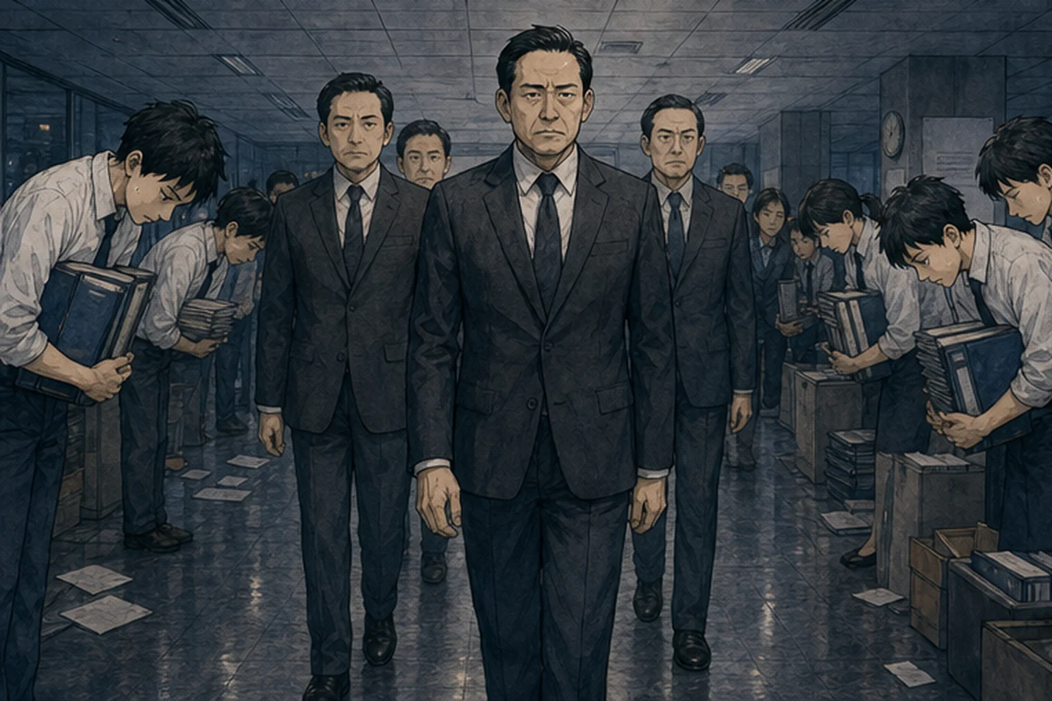 役員一行を緊張して迎える職場を行列になぞらえたイラスト