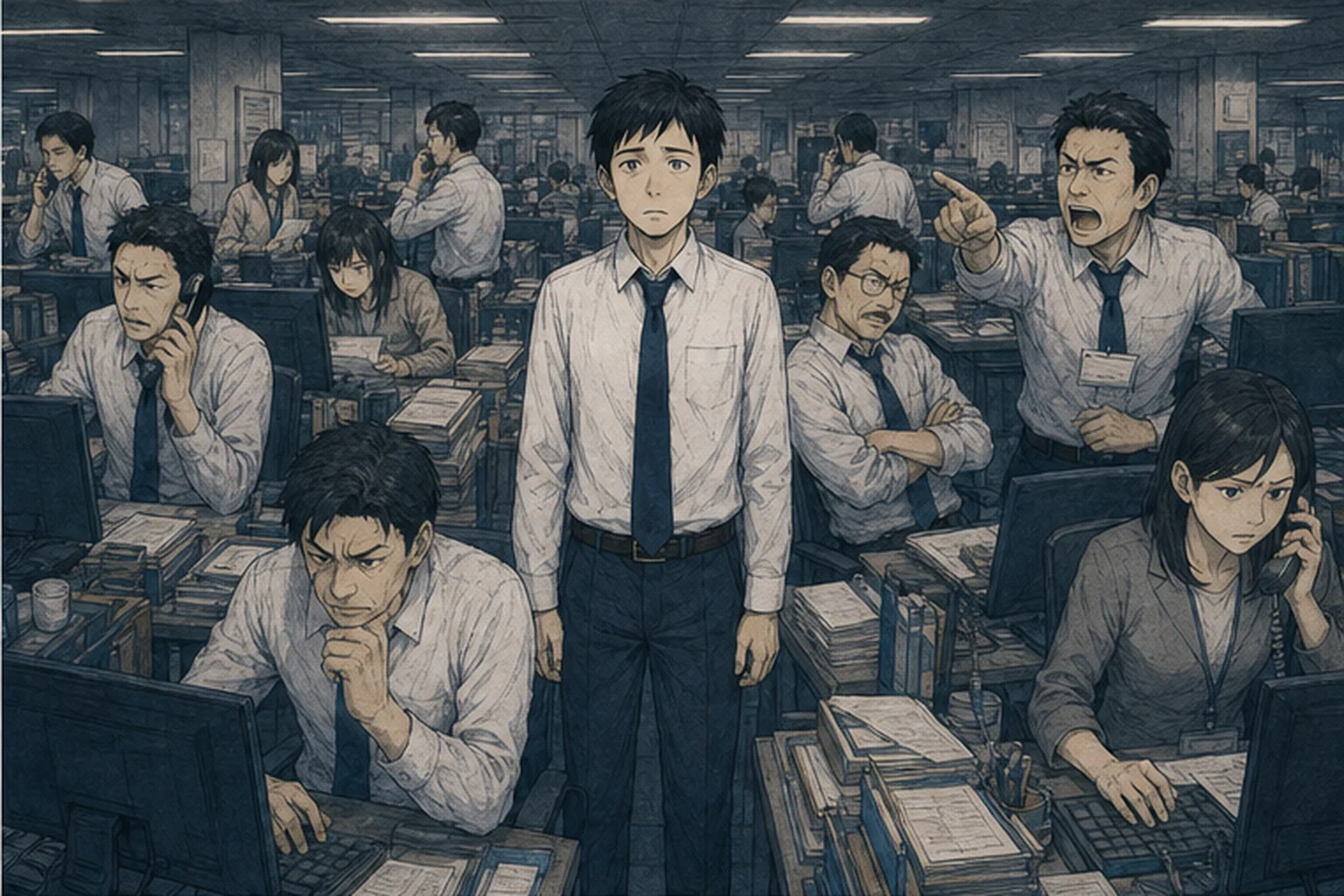 個性の強い10人の同僚が働く混雑した職場のイラスト