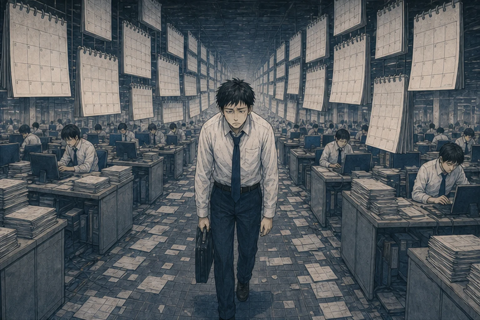 終わらないカレンダーの中を歩く連勤中の若い社員のイラスト