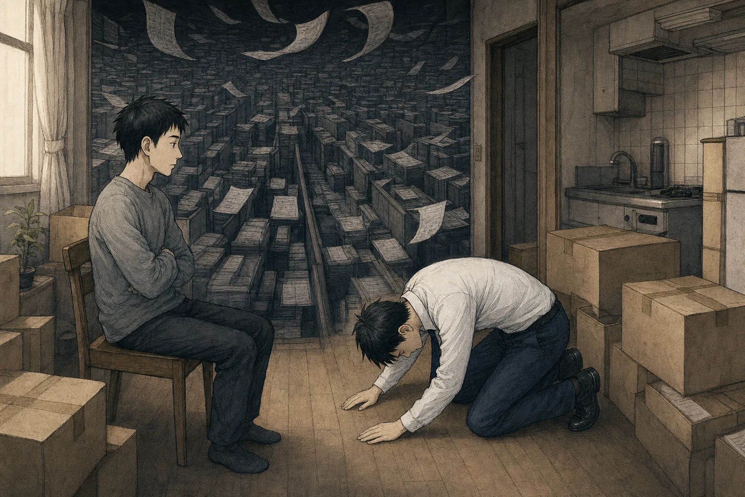 引っ越し箱のある部屋で入居者へ深く頭を下げる若い社員のイラスト