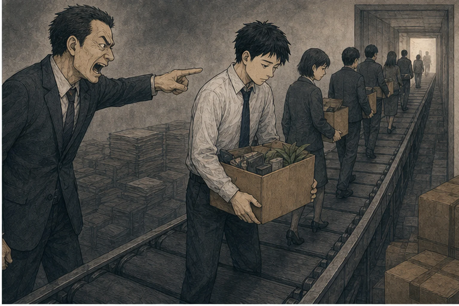 異動を迫る上司と職場を去っていく社員たちを描いた比喩的なイラスト