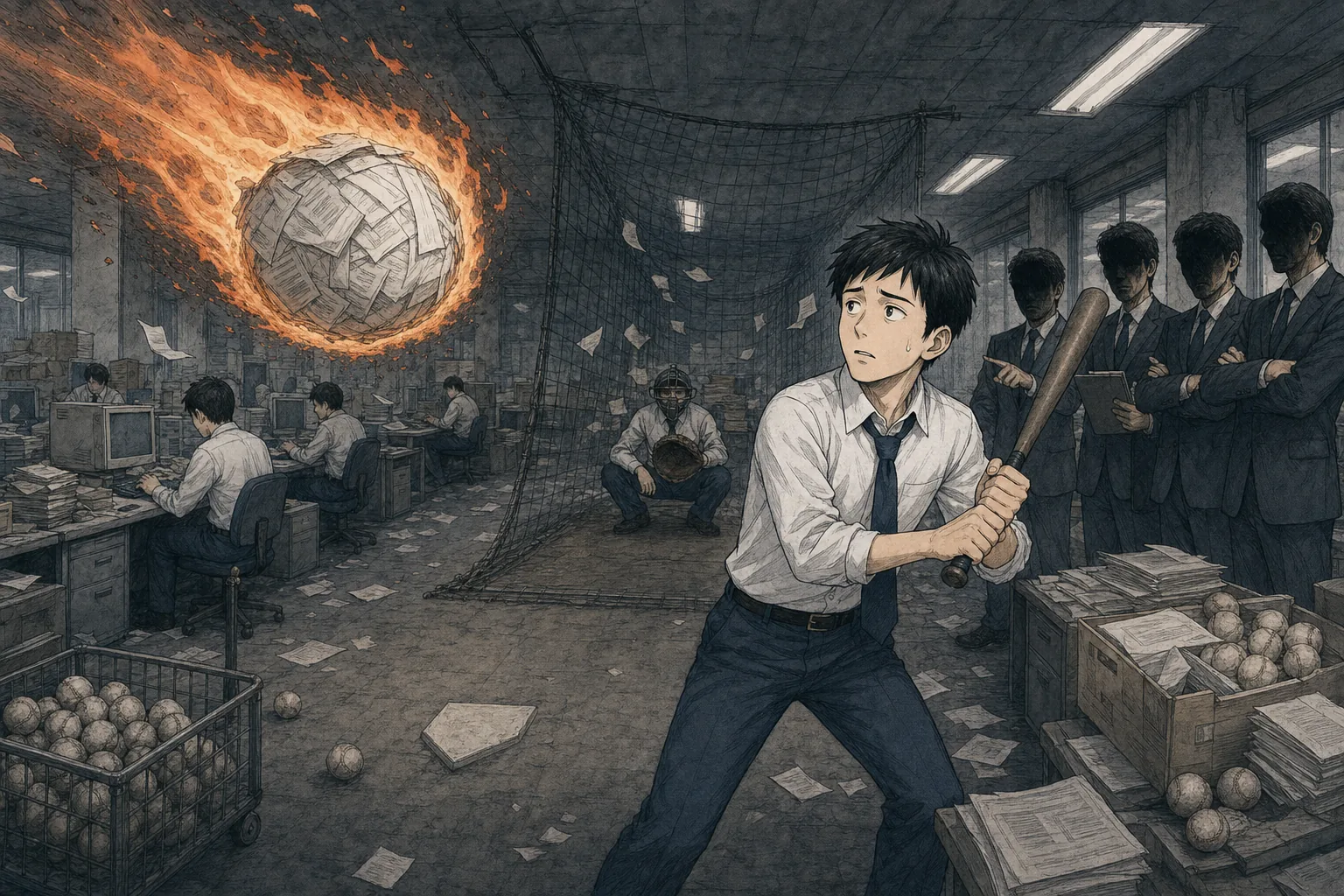 炎をまとった書類のボールを前に驚く若い社員の風刺イラスト