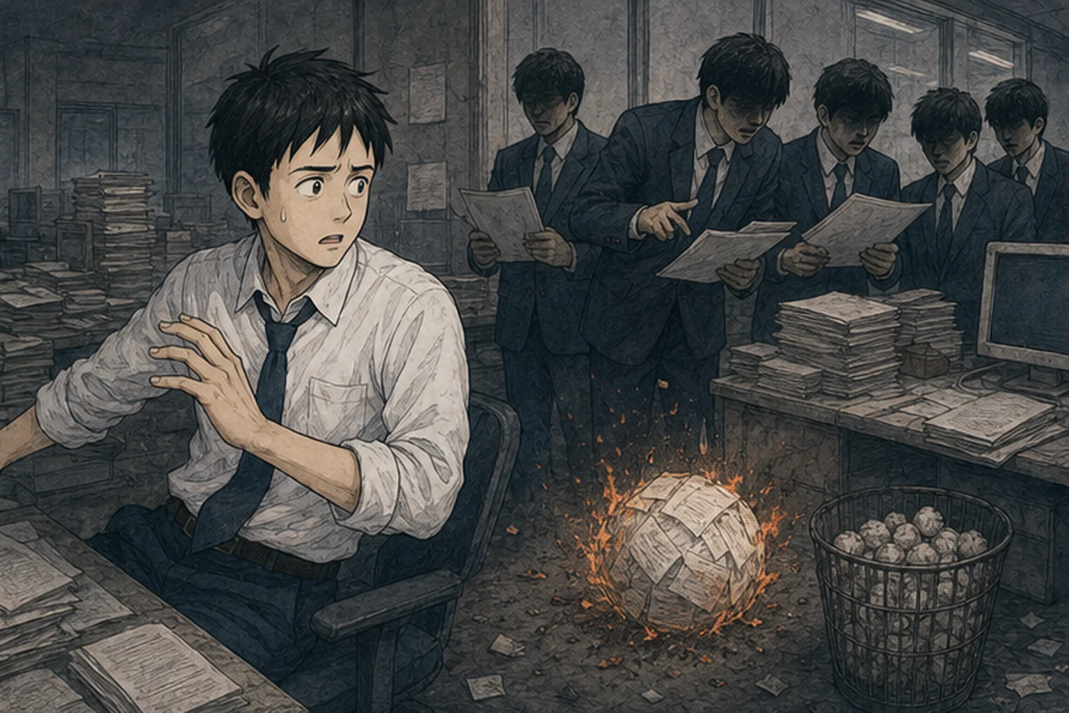 燃える紙のボールと書類の山を前に火災の危険へ気づく社員のイラスト
