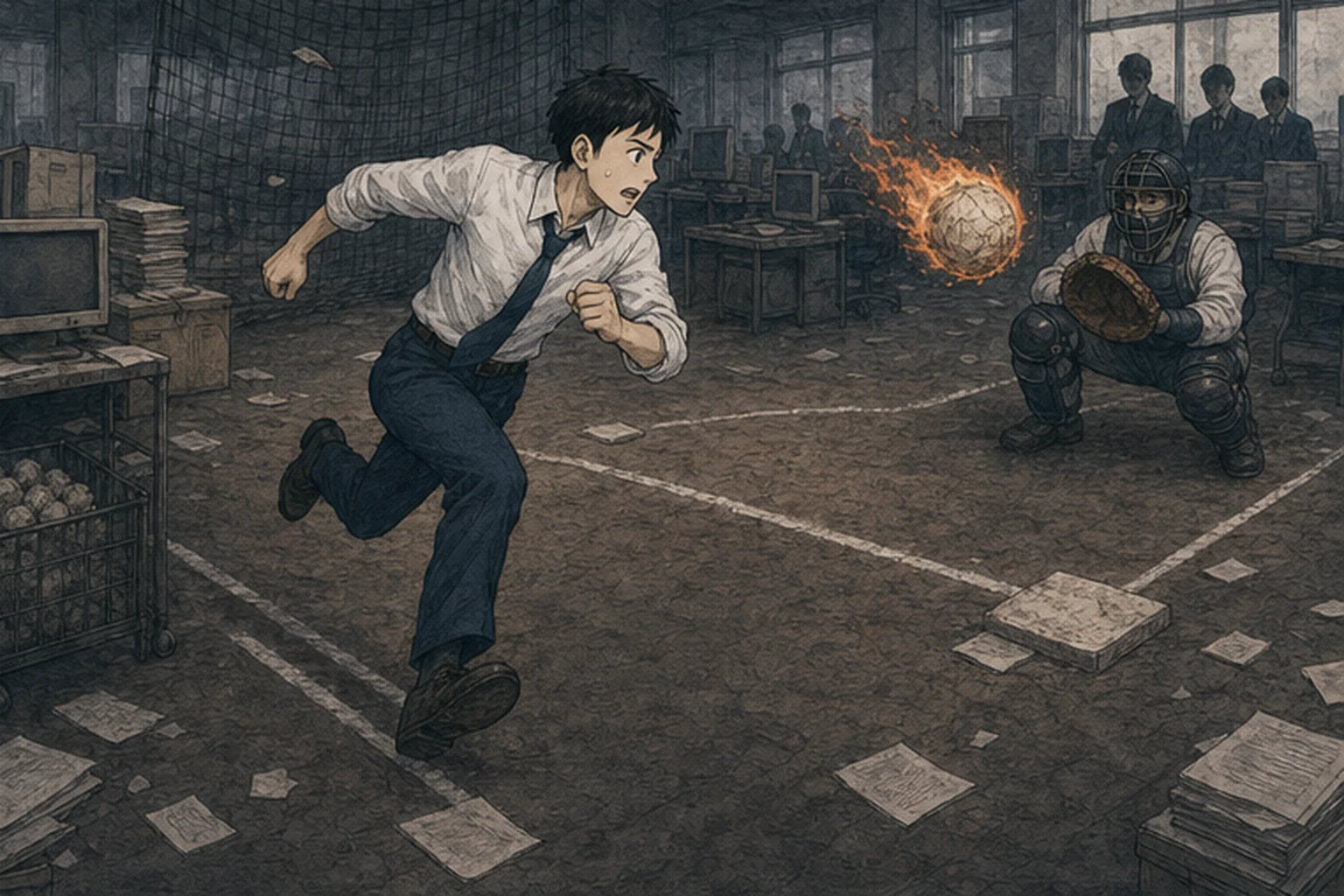 職場と野球場が重なる空間で一塁へ走る若い社員のイラスト
