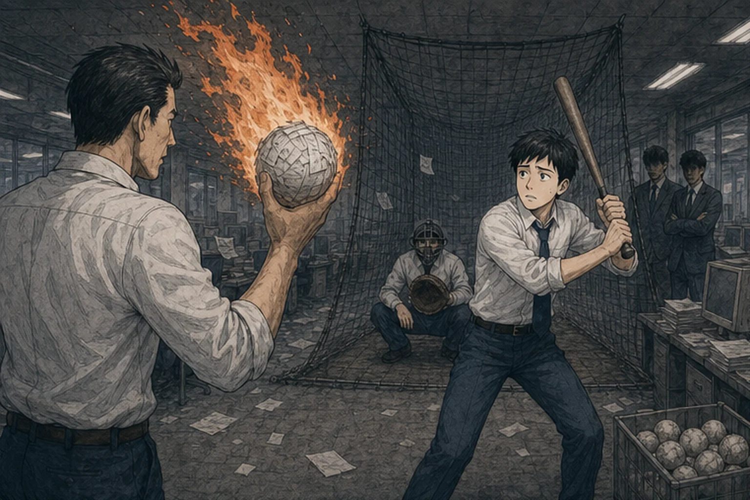 危険な野球訓練を始める直前に身構える若い社員のイラスト