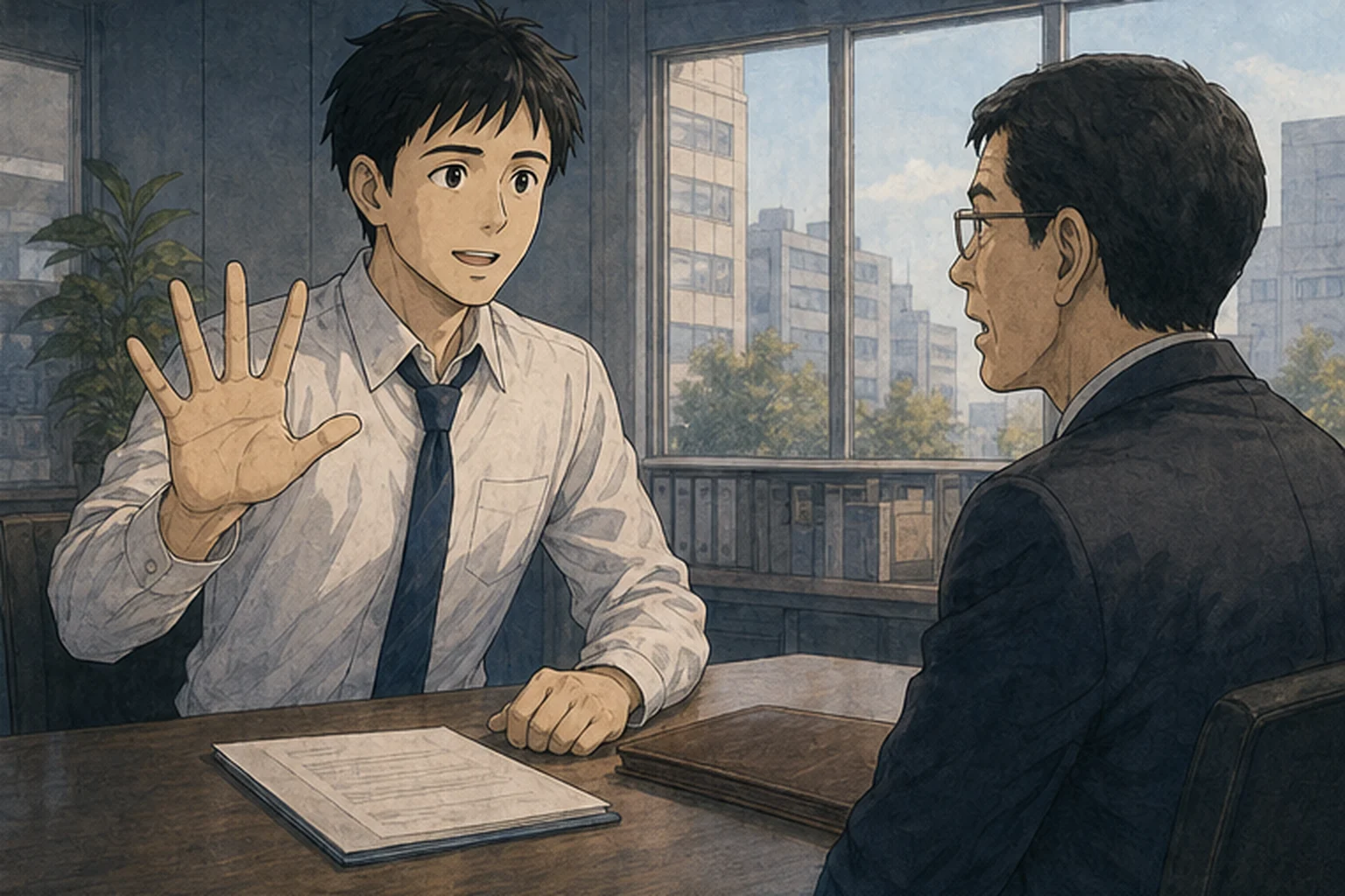 転職先の事務所で希望給与を交渉する社員のイラスト