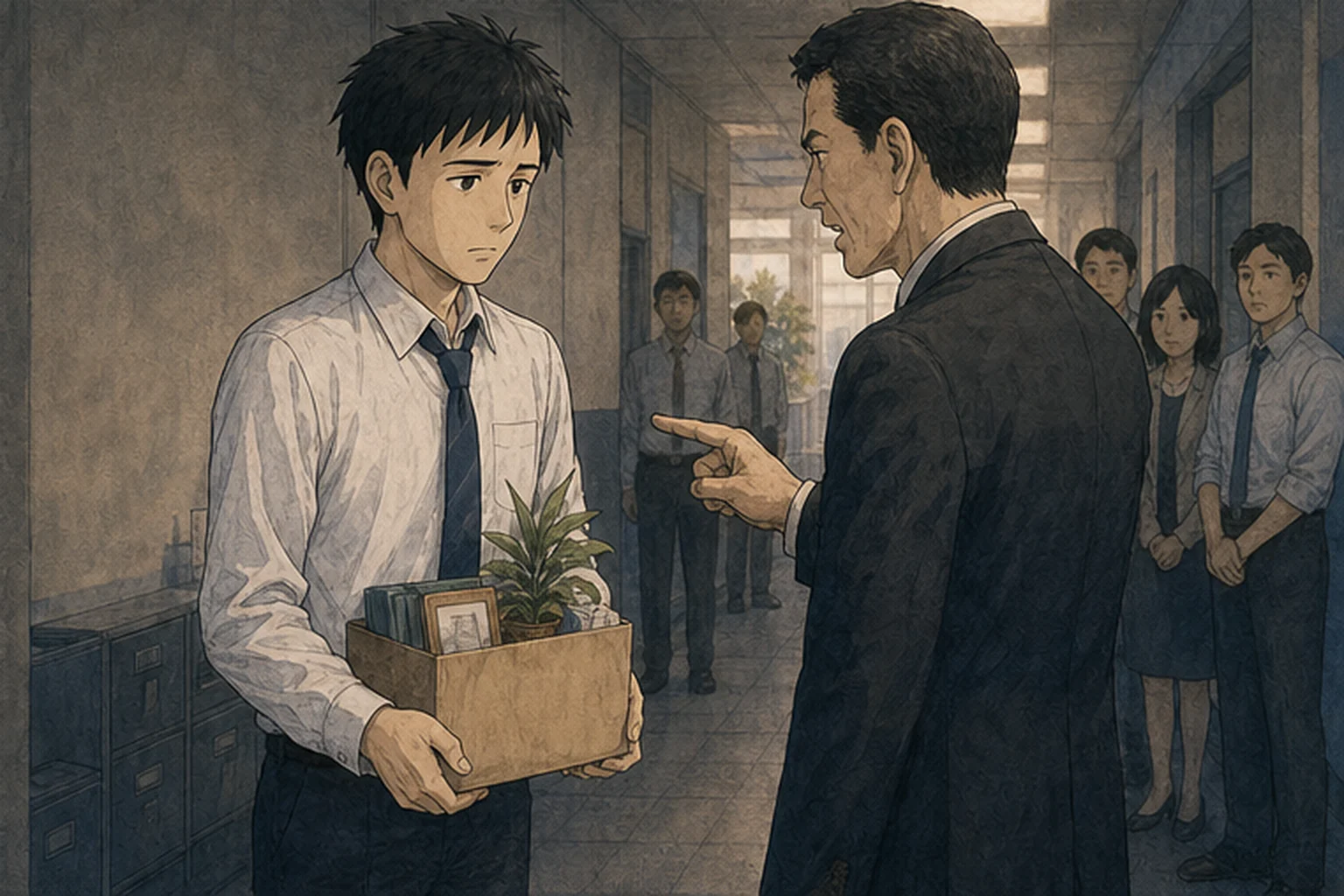 上司から失望したと告げられ箱を抱えて立つ社員のイラスト