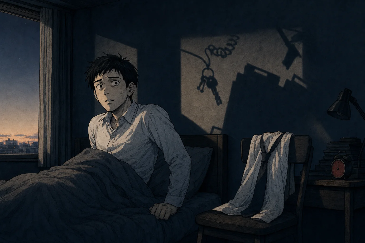 イラスト：夜明け前、電話線や鍵束の影の中で悪夢から目覚める男性