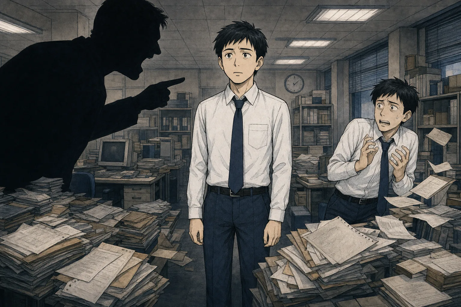 上司の影と同僚への責任転嫁の間で立ちすくむ若い社員のイラスト