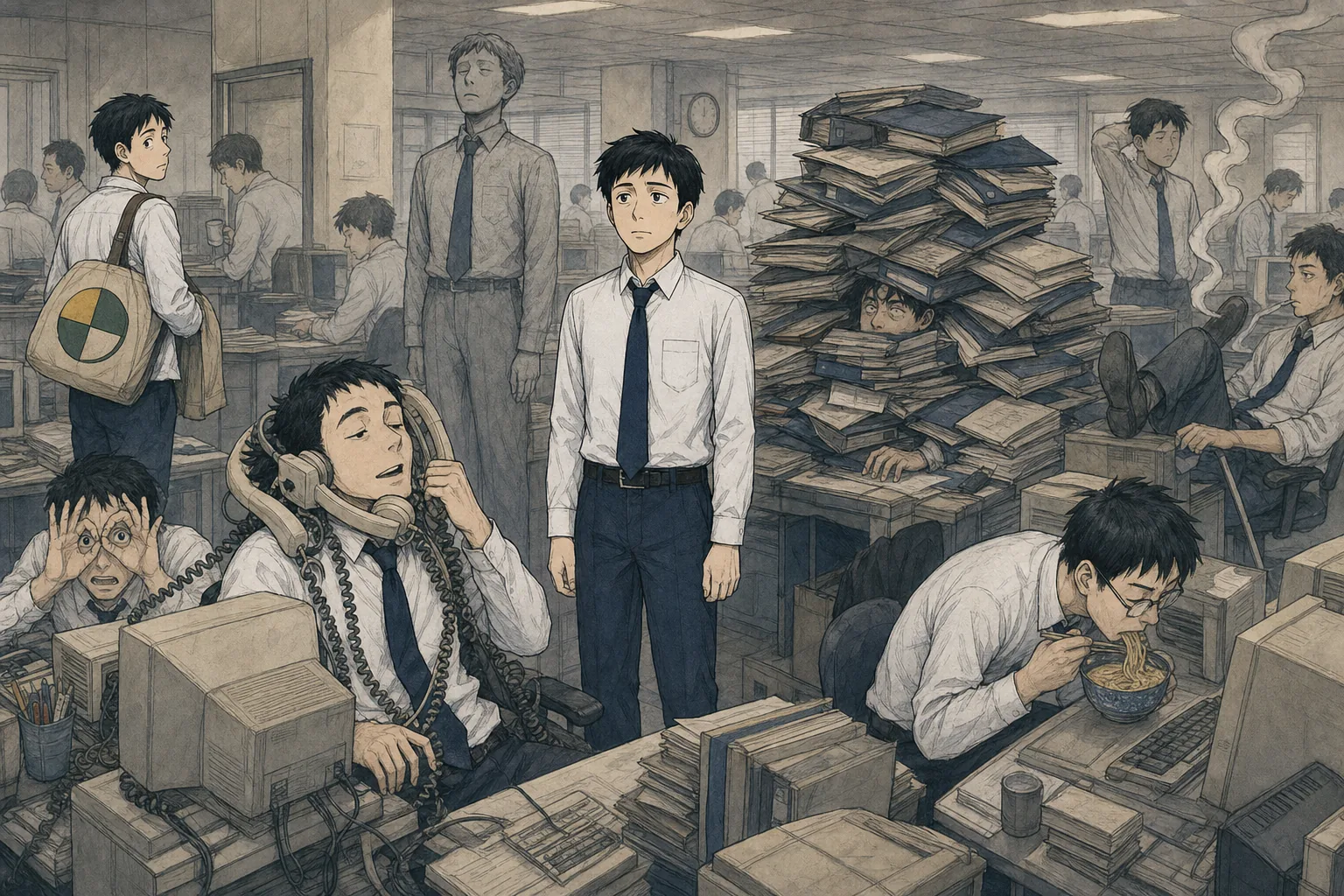 個性的な同僚たちに囲まれて困惑する若い社員の群像イラスト
