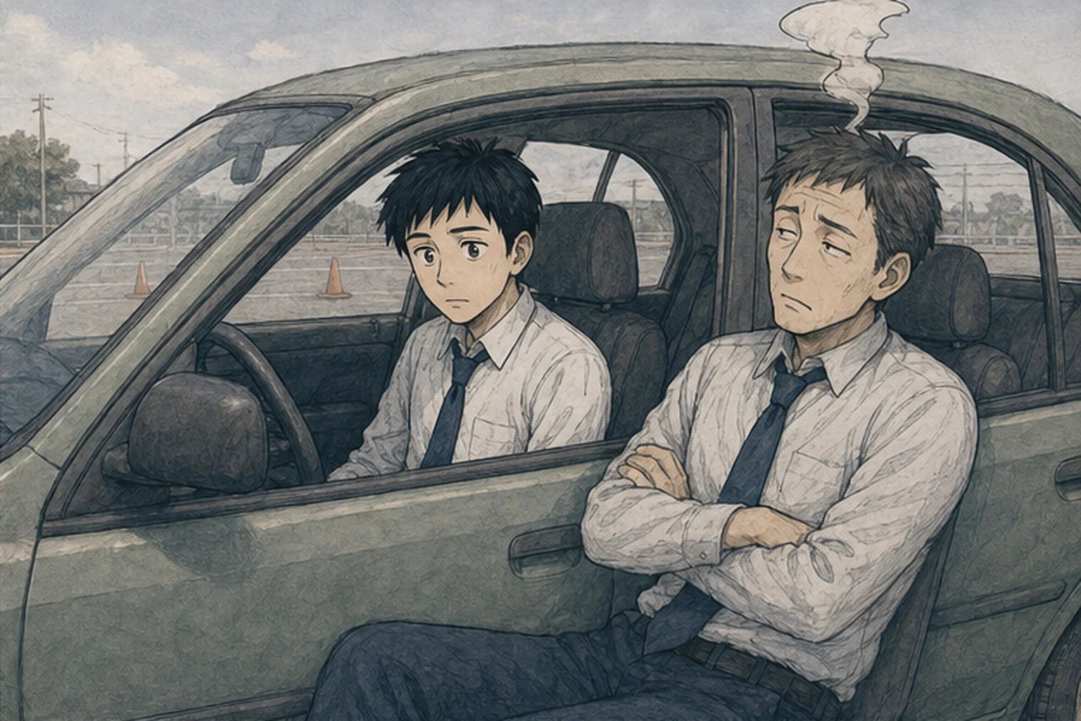 駐車した車の鍵が挿したままだと気づく社員のイラスト